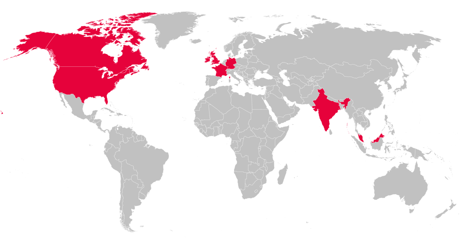 The United Kingdom, the United States, Canada, France, Germany, India, Ireland, Italy, Malaysia and Singapore