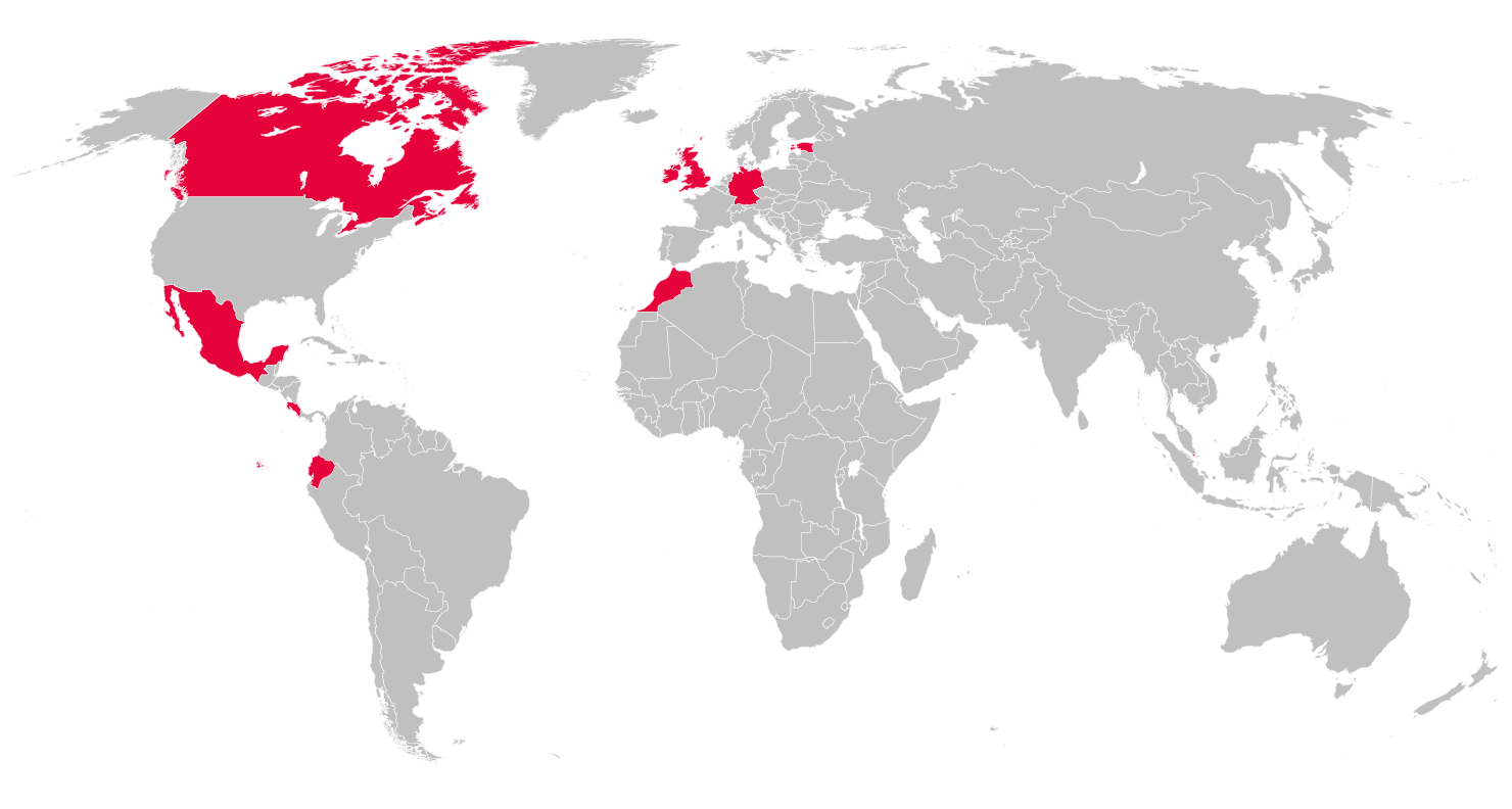 Canada, the United Kingdom, Singapore, Ireland, Germany, Estonia, Mexico, Morocco, Ecuador, Costa Rica and St. Lucia