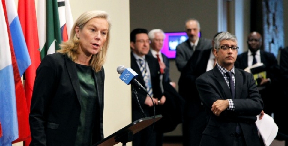 Sigrid Kaag, Special Coordinator of the OPCW-UN Joint Mission to eliminate Syria’s chemical weapons programme, speaks to the press following her briefing to the Security Council in closed-door consultations, November 5, 2013. (UN Photo/Paulo Filgueiras)