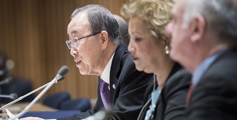 Secretary General Ban Ki-moon briefs member states, in February 2016, on the high-level signing ceremony for the Paris Agreement (COP21) taking place on April 22, 2016. (UN Photo/Mark Garten)