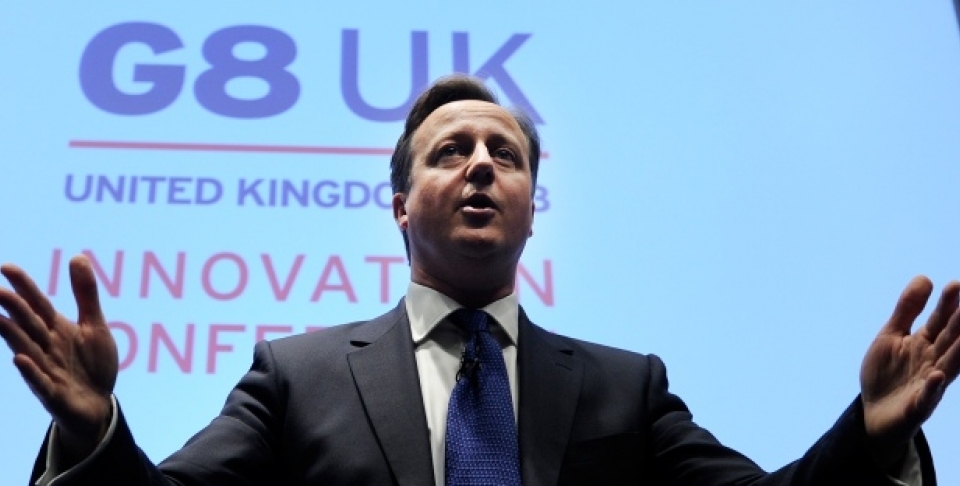 Britain's Prime Minister David Cameron speaks at the G8 UK Innovation Conference at the Siemens Crystal Building in London, Friday June 14, 2013. (AP Photo/Facundo Arrizabalaga, Pool)