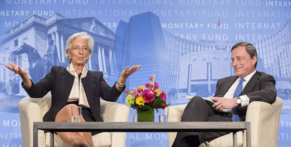 International Monetary Fund Managing Director Christine Lagarde (L) and the President of the European Central Bank Mario Draghi (R). IMF Staff Photo/Stephen Jaffe