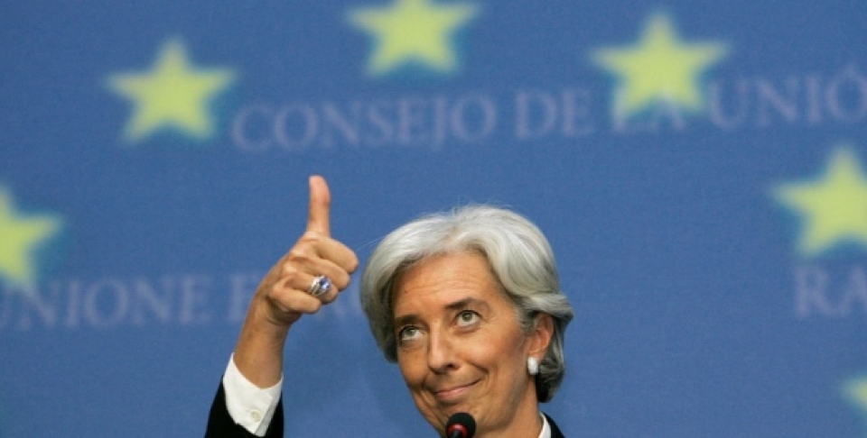 IMF Managing Director Christine Lagarde shows thumbs up during a meeting of finance ministers in Luxembourg (AP Photo/Yves Logghe).