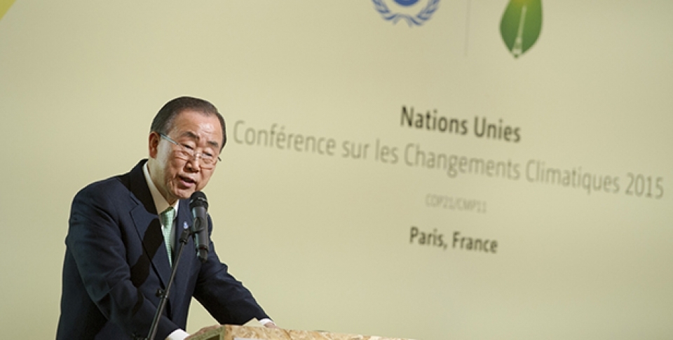 UN Secretary-General Ban Ki-moon addresses a High-level Meeting on Climate Resilience, held on the margins of the UN Climate Change Conference in Paris (COP21). (UN Photo/Rick Bajornas)