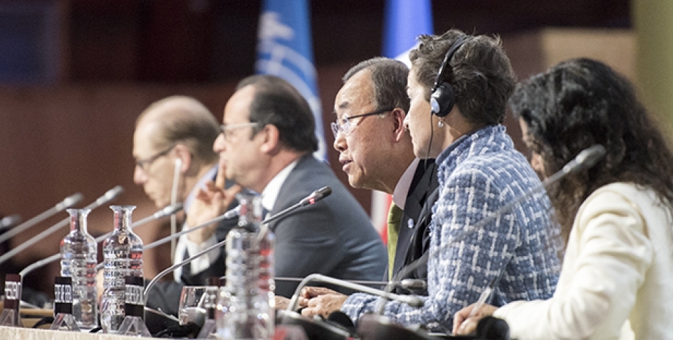 UN Secretary-General Ban Ki-moon makes remarks at the closing ceremony of COP21, on December 12, 2015. (UN Photo/Mark Garten)