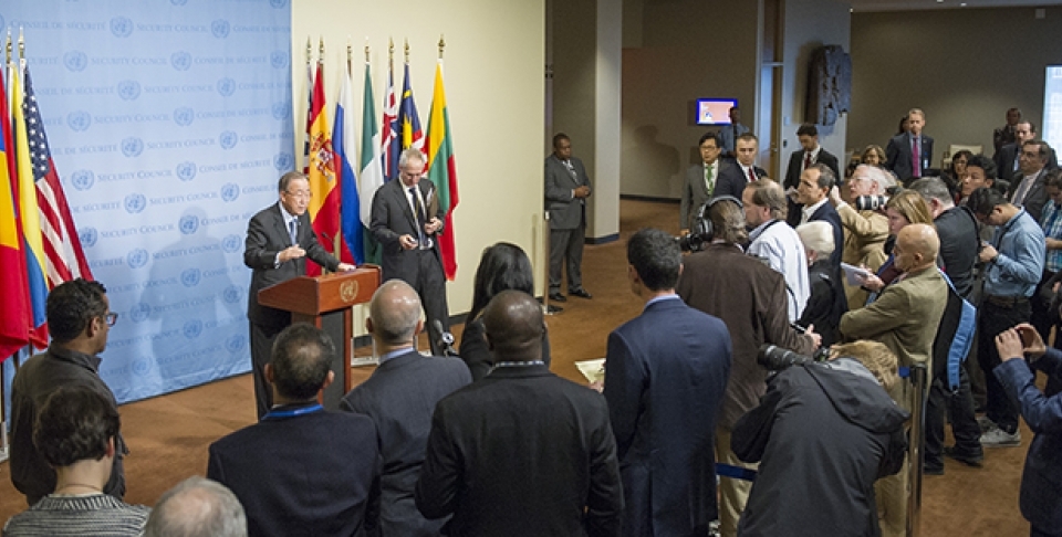 UN Secretary-General ban Ki-moon speaks to journalists, on December 14, on the Paris Agreement adopted on December 12, by the UN Climate Change Conference (COP21). (UN Photo/Rick Bajornas)