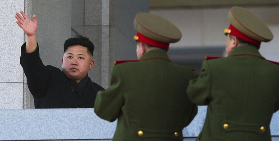 North Korean leader Kim Jong Un waves at Kumsusan Memorial Palace in Pyongyang after reviewing a parade of thousands of soldiers and commemorating the 70th birthday of his late father Kim Jong Il on Thursday, Feb. 16, 2012. (AP Photo/David Guttenfelder)