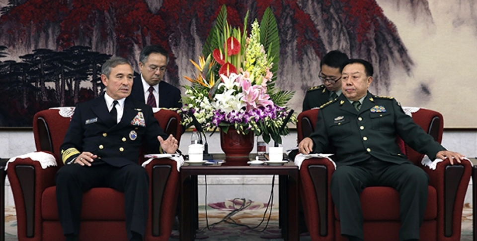 Adm. Harry B. Harris, Jr., U.S. Navy Commander, U.S. Pacific Command, left, speaks during a meeting with Fan Changlong, vice-chairman of China's Central Military Commission at the Bayi Building in Beijing, China, Tuesday, Nov. 3, 2015. (AP Image / Andy Wong, Pool)