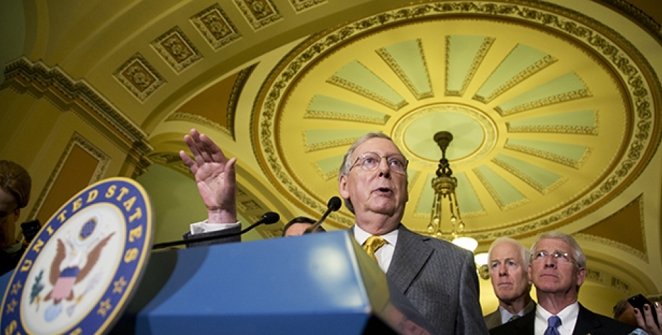 Senate Majority Leader Sen. Mitch McConnell of Ky. speaks to reporters on Capitol Hill in Washington. (AP Photo/Manuel Balce Ceneta)