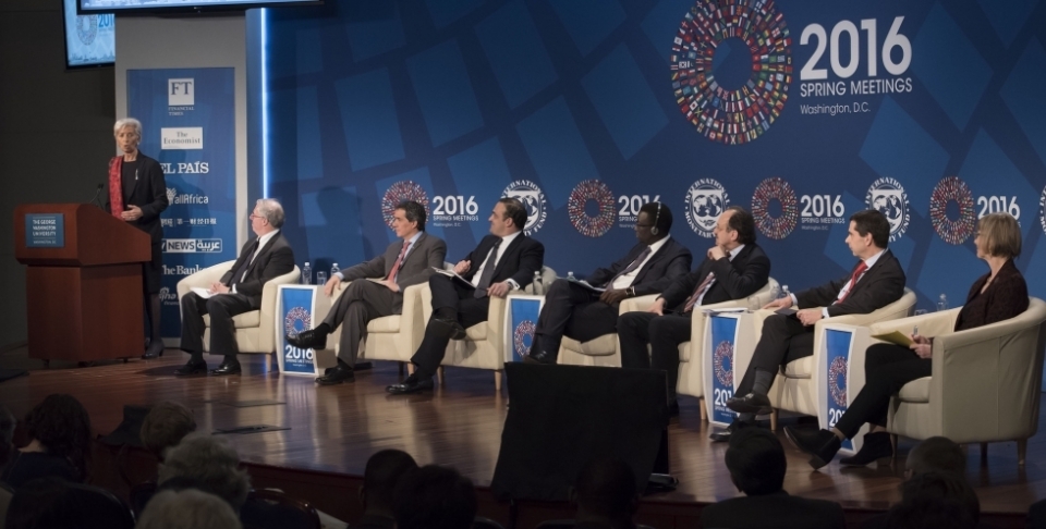 CIGI's Domenico Lombardi hosts the Seminar "Collect More and Spend Better: The Role of Capacity Development" during the 2016 IMF/World Bank Spring Meetings in Washington, D.C., with opening remarks provided by Managing Director Christine Lagarde. Panelists include Carla Grasso, Vitor Gaspar, Klaus Rudischhauser, Amadou Ba, Nancy Birdsall, and Alonso Segura. (Photo: Ryan Rayburn/IMF)