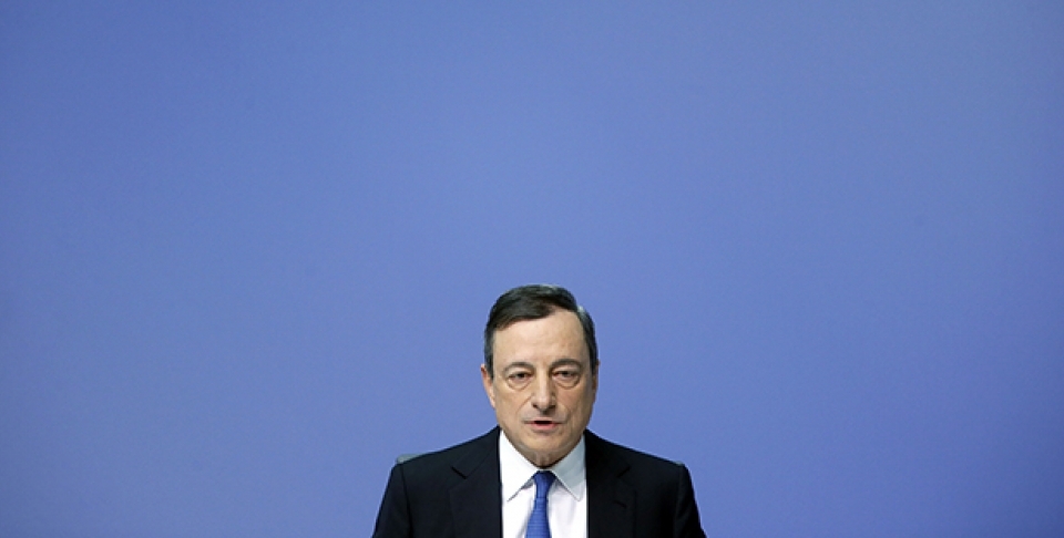 President of European Central Bank Mario Draghi speaks during a news conference in Frankfurt, Germany, Thursday, Jan. 22, 2015, following a meeting of the ECB governing council. (AP Photo/Michael Probst)