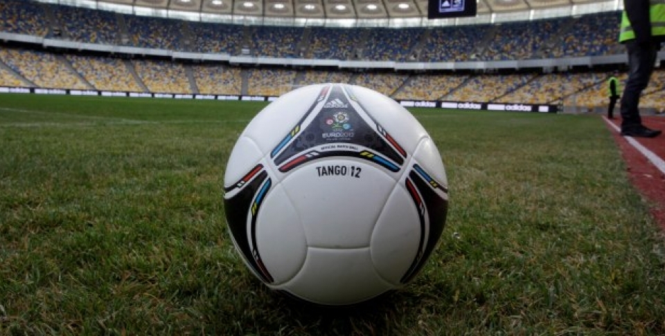 The 'Tango 12' official match ball is seen in Kiev's Olympic stadium (AP Photo/Efrem Lukatsky)