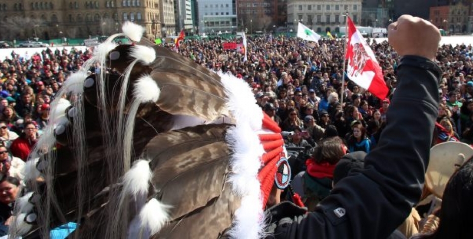 Hundreds of supporters gather on Parliament Hill, in support of a group of young aboriginal people who traveled 1,600 km on foot from the James Bay Cree community of Whapmagoostui, Quebec on Parliament Hill in Ottawa. (THE CANADIAN PRESS/ Fred Chartrand)