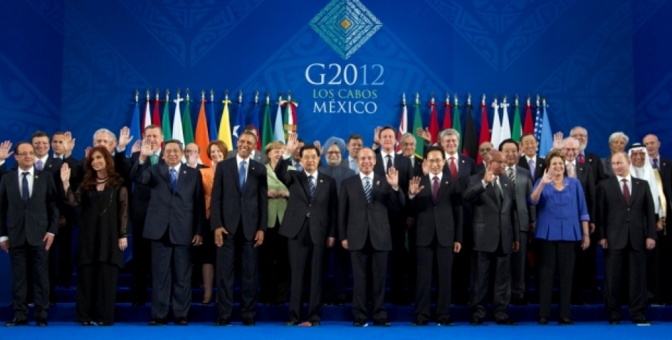 Leaders assemble for the 'family photo' at the 2012 G20 Summit, in Los Cabos, Mexico. (AP Photo/Carolyn Kaster)