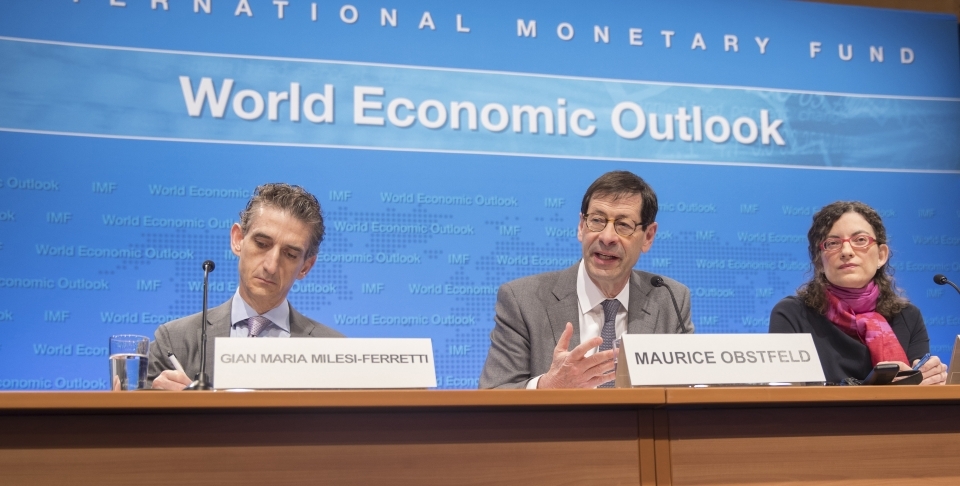 IMF Chief Economist Maurice Obstfeld and colleagues Gian Maria Milesi-Ferretti and Oya Celasun present the World Economic Outlook (IMF Staff Stephen Jaffe)