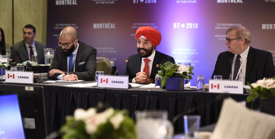 Navdeep Bains, Canada's Minister of Innovation, Science and Economic Development, speaks at a Group of Seven ministers' meeting on employment and innovation. (Global Affairs Canada)