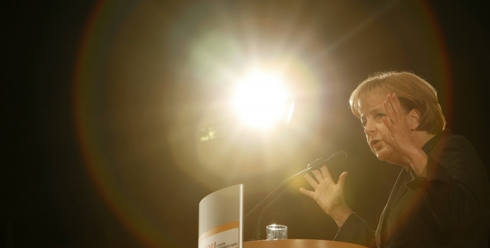 German Chancellor Angela Merkel delivers a speech. (AP Photo/Thomas Kienzle)