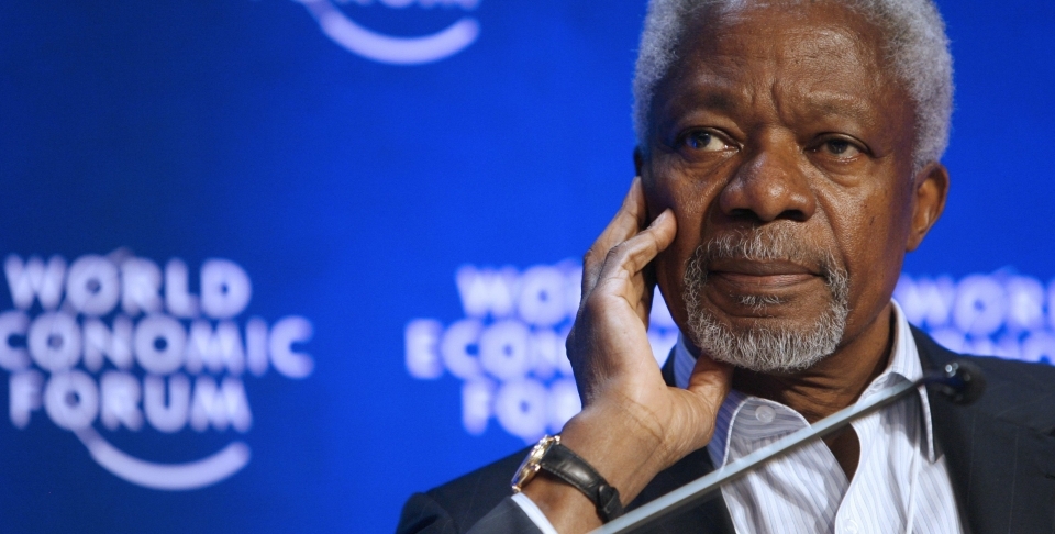 Kofi Annan, member of the Foundation Board of the World Economic Forum, in Davos, Switzerland (AP Photo/KEYSTONE/Alessandro Della Bella)