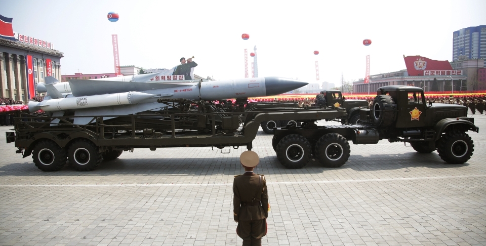 Skud missiles are paraded across Kim Il Sung Square during a military parade in Pyongyang, North Korea. (AP Photo/Wong Maye-E)