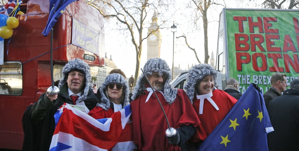 Protestors in costume outside the Supreme Court in London (AP Photo/Frank Augstein)