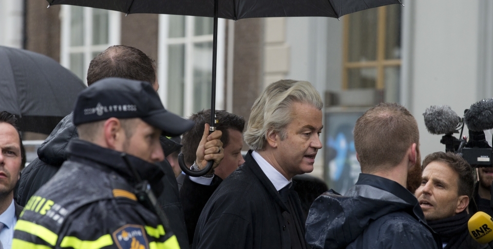 Geert Wilders outside the Turkish embassy in The Hague, Netherlands (AP Photo/Peter Dejong)