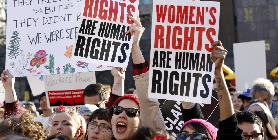 Women from labour organizations and other grassroots groups chant during a rally as part of International Women's Strike NYC. (AP Photo/Kathy Willens)