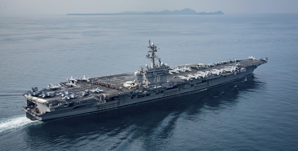 The US Navy aircraft carrier USS Carl Vinson transits the Sunda Strait (US Navy via AP)