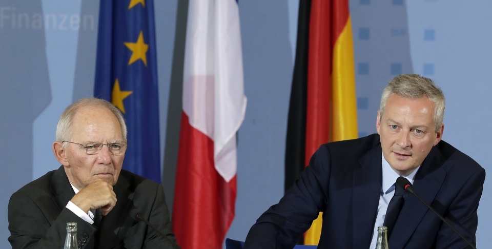 German Finance Minister Wolfgang Schaeuble and Economy Minister of France Bruno Le Maire. (AP Photo/Michael Sohn)