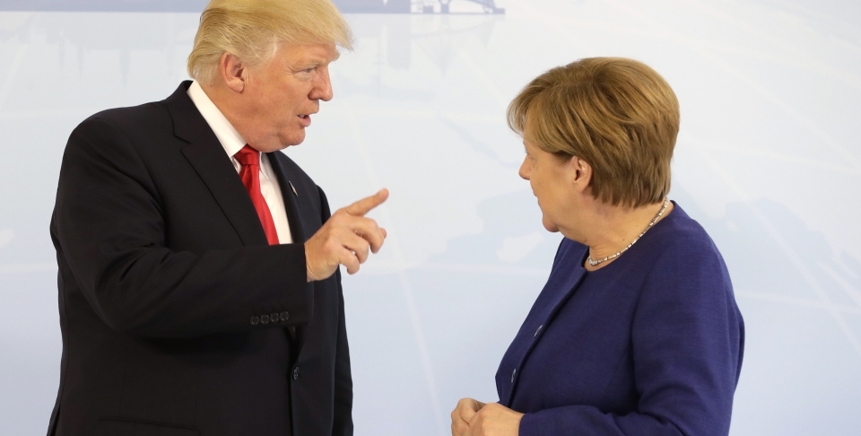 US President Donald Trump and German Chancellor Angela Merkel hold bilateral meeting at G20 summit in Hamburg (AP Photo/Matthias Schrader, pool)