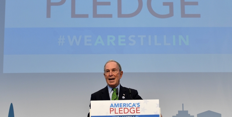 Former New York Mayor Michael Bloomberg speaks in the US Climate Action Center at COP23 in Bonn, Germany, Saturday, Nov. 11, 2017. (AP Photo/Martin Meissner)