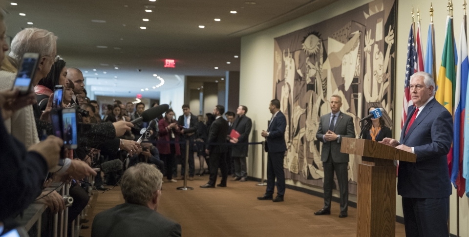 United States Secretary of State Rex Tillerson speaks to reporters after a high level Security Council meeting on the situation in North Korea, on December 15, 2017. (AP Photo/Mary Altaffer)