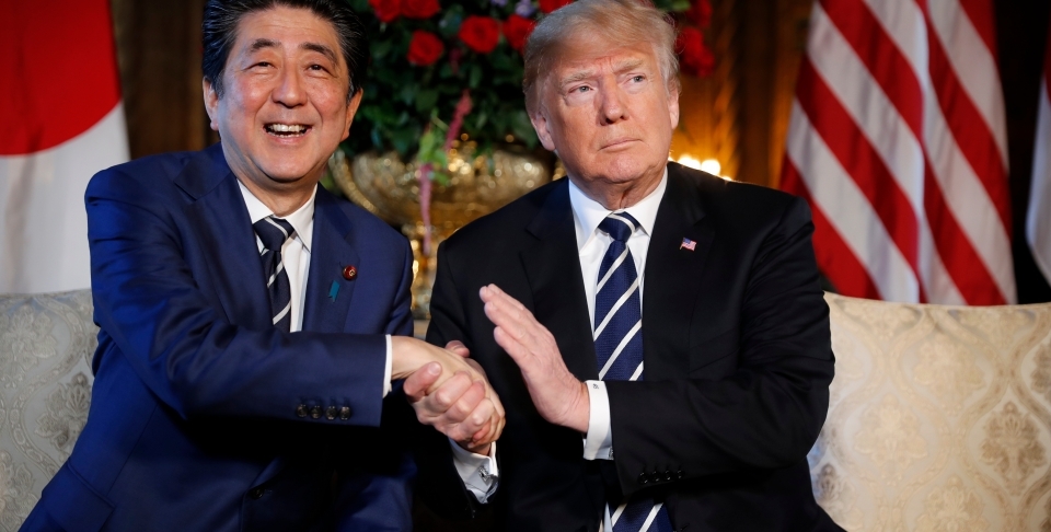 President Donald Trump and Japanese Prime Minister Shinzo Abe at Mar-a-Lago in April 2018. (AP Photo/Pablo Martinez Monsivais, File)