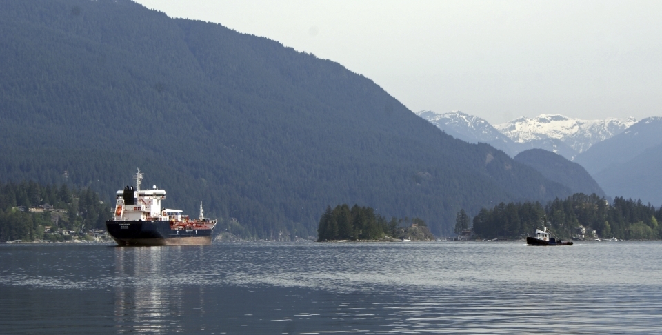 An oil tanker outside the Kinder Morgan Inc. Westridge oil terminal in Vancouver, at the end of the Trans Mountain pipeline that begins in northern Alberta. (AP Photo/Jeremy Hainsworth)