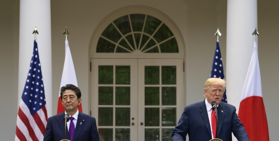 President Donald Trump and Japanese Prime Minister Shinzo Abe speak during a news conference in the Rose Garden of the White House in Washington, on June 7, 2018. (AP Photo/Susan Walsh)