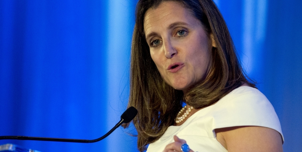 Canadian Minister of Foreign Affairs Chrystia Freeland speaks after receiving the Foreign Policy's Diplomat of the Year 2018 award on Wednesday, June 13, 2018, in Washington. (AP Photo/Jose Luis Magana)