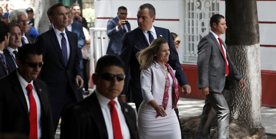 Canada's Foreign Affairs Minister Chrystia Freeland leaves a visit to Mexico's President-elect Andres Manuel Lopez Obrador in Mexico City, Wednesday, July 25, 2018. (AP Photo/Eduardo Verdugo)