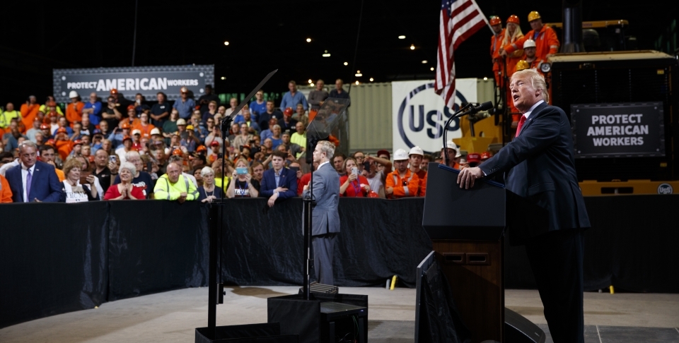 President Donald Trump speaks about trade at Granite City Works Steel Coil Warehouse on July 26, 2018, Granite City, Illinois. (AP Photo/Evan Vucci)