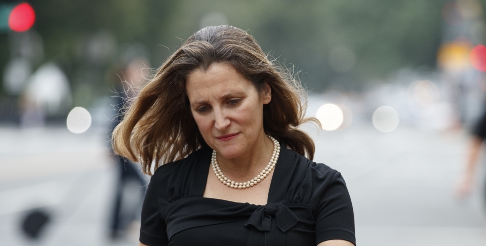 Canadian Foreign Affairs Minister Chrystia Freeland walks from her vehicle as she arrives at the Office of the United States Trade Representative, on September 11 2018. (AP Photo/Carolyn Kaster)