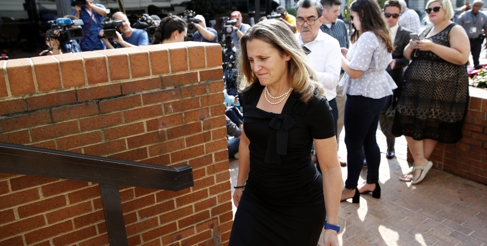 Canadian Foreign Affairs Minister Chrystia Freeland arrives at the Office of the United States Trade Representative on September 19, 2018, in Washington. (AP Photo/Alex Brandon)