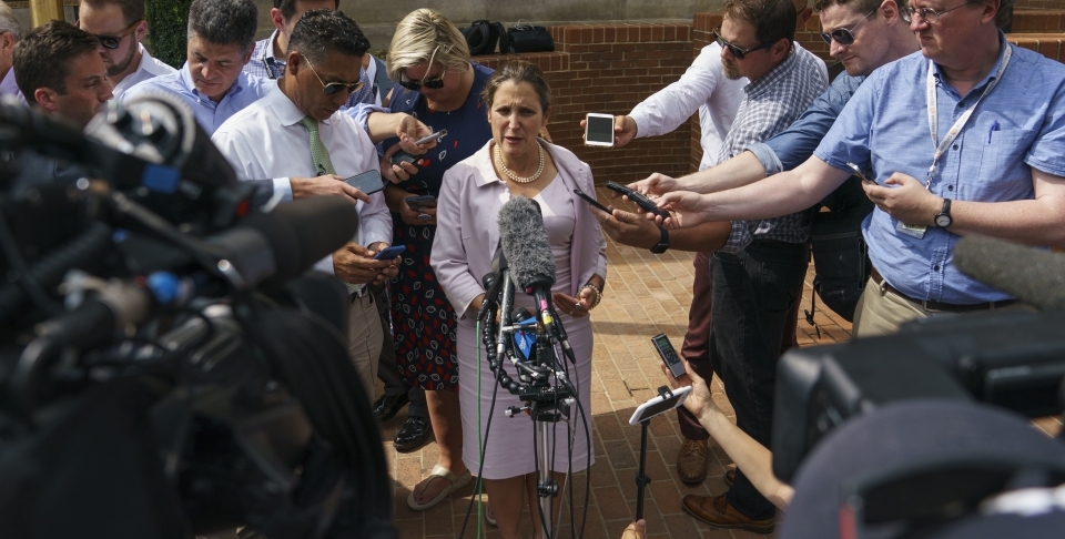 Canadian Foreign Affairs Minister Chrystia Freeland speaks to the media outside the Office Of The United States Trade Representative in Washington on September 20, 2018. (AP Photo/Carolyn Kaster)