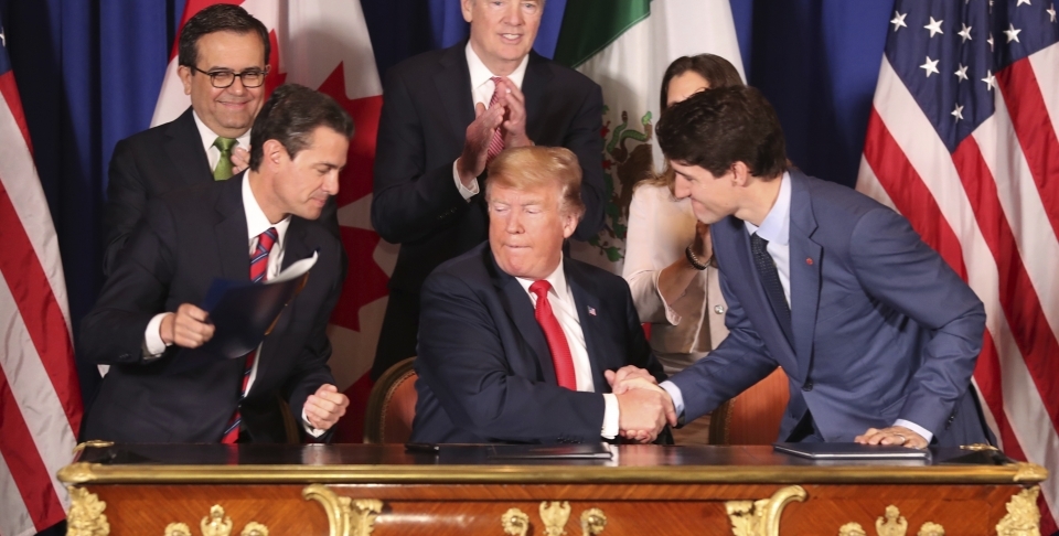 Leaders shake hands after signing the Canada-United States-Mexico Agreement on Friday, Nov. 30, 2018. (AP Photo/Martin Mejia)