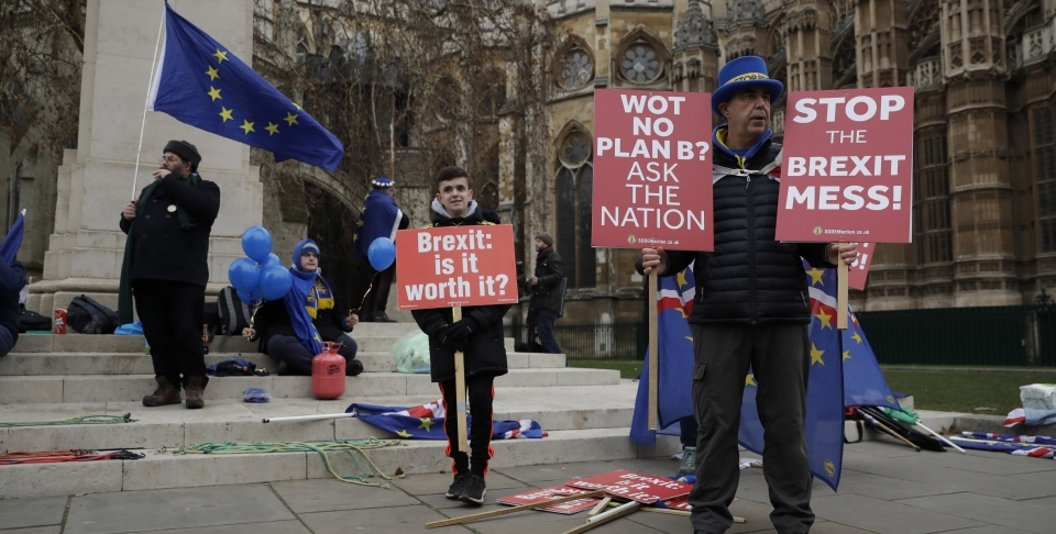 Demonstrates opposite the Houses of Parliament in London on January 21, 2019. (AP Photo/Matt Dunham)