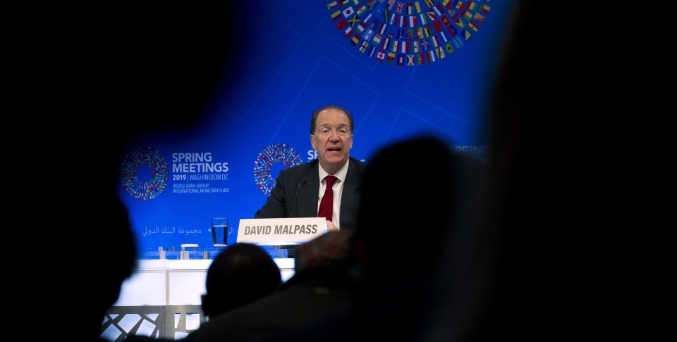 World Bank President David Malpass speaks at a news conference during the World Bank/IMF Spring Meetings in Washington, on April 11, 2019. (AP Photo/Jose Luis Magana)