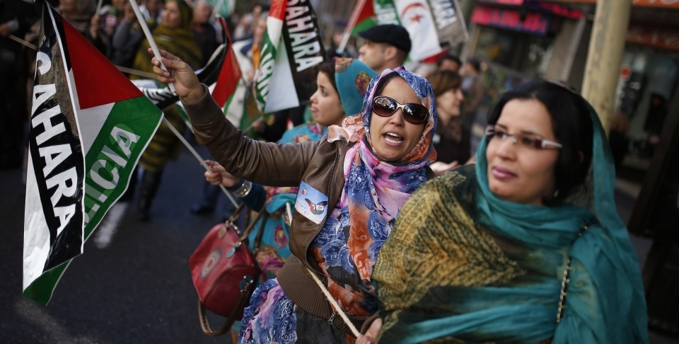 Women from Western Sahara shout slogans in support of Free Western Sahara, during a protest in Madrid (AP Photo/Andres Kudacki)