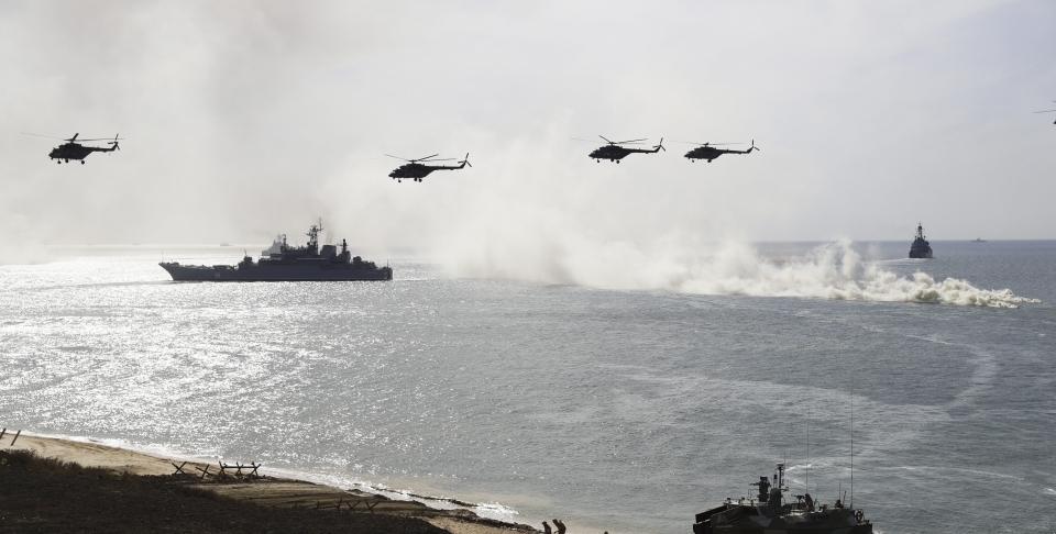 Russian navy ships and helicopters during military drills on the Black Sea (AP Photo/Pavel Golovkin)