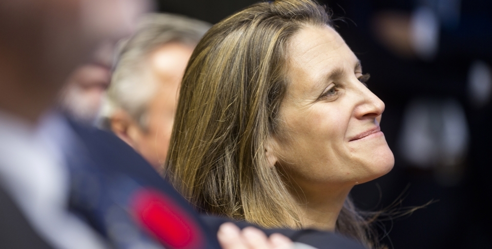 Canadian Foreign Affairs Minister Chrystia Freeland said the WTO filing was a necessary response to the 2017 softwood lumber dispute. (AP Photo/Thierry Monasse)