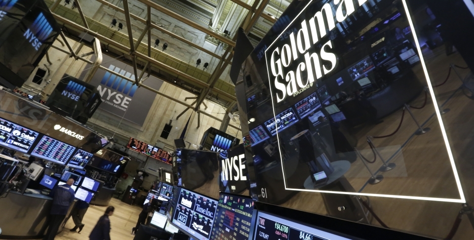 A sign marks the Goldman Sachs trading post on the floor of the New York Stock Exchange. (AP Photo/Richard Drew, File)