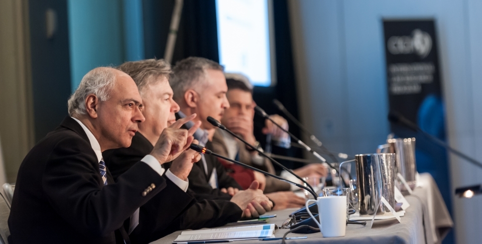 CIGI President Rohinton Medhora, left, speaks at a CIGI conference in March 2016.