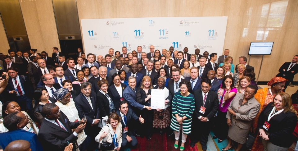 Declaration signatories pose for a photo at the World Trade Organization ministerial conference in Buenos Aires. (WTO/Cuika Foto)
