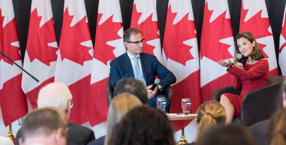 CIGI Senior Fellow Patrick Leblond and Canadian Foreign Minister Chrystia Freeland (Facebook)